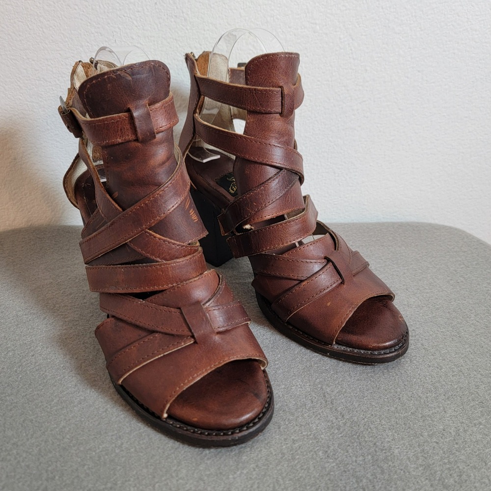 Freebird Claw Brown Leather Zip Strappy Block Heel Bootie Sandal Sz 8 Retro Boho